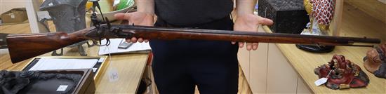 A 19th century Brown Bess-type flintlock musket, Jaipur Armoury, stamped JPR/EXR/ 336 length 142cm, restoration to stock